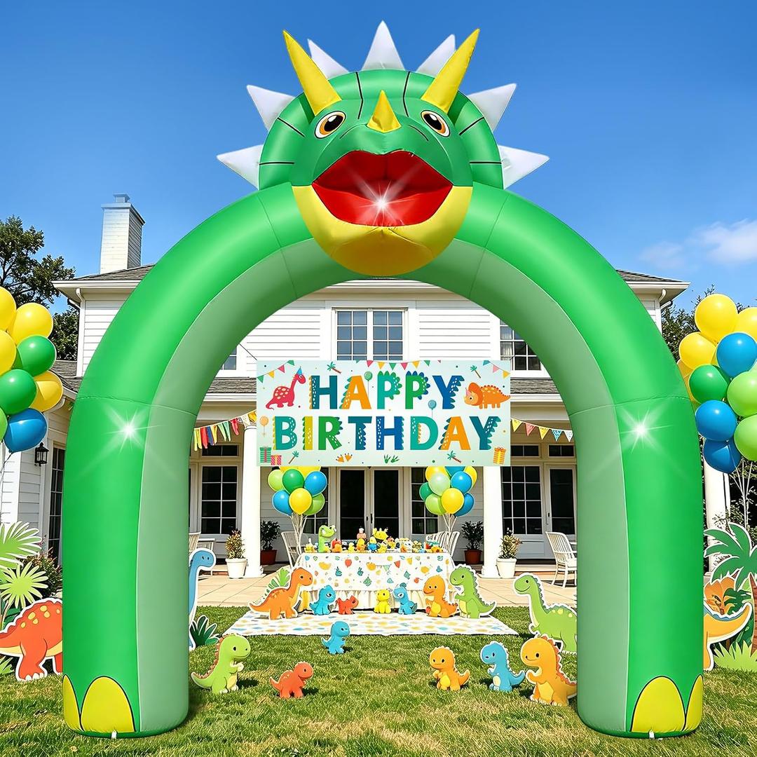 9.5FT Giant Triceratops Inflatable Arch - Dinosaur Birthday Party Decorations for Boys Kids, Dinosaur Day Jungle Theme Photo Backdrop with 1 Blower 2 Banners & 3 LED Lights, Outdoor Yard Blow-Up Decor