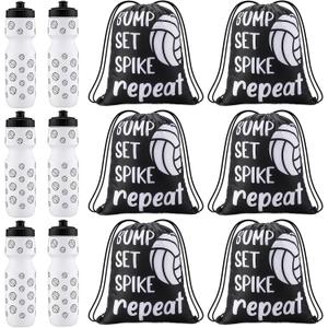 Talltalk 12 Pcs Volleyball Water Bottle and Drawstring Bag Set Volleyball Party Favor 24 oz Sports Squeeze Bottles with Drawstring Bags for Team Gifts Goodie Gift Bag Birthday Decorations