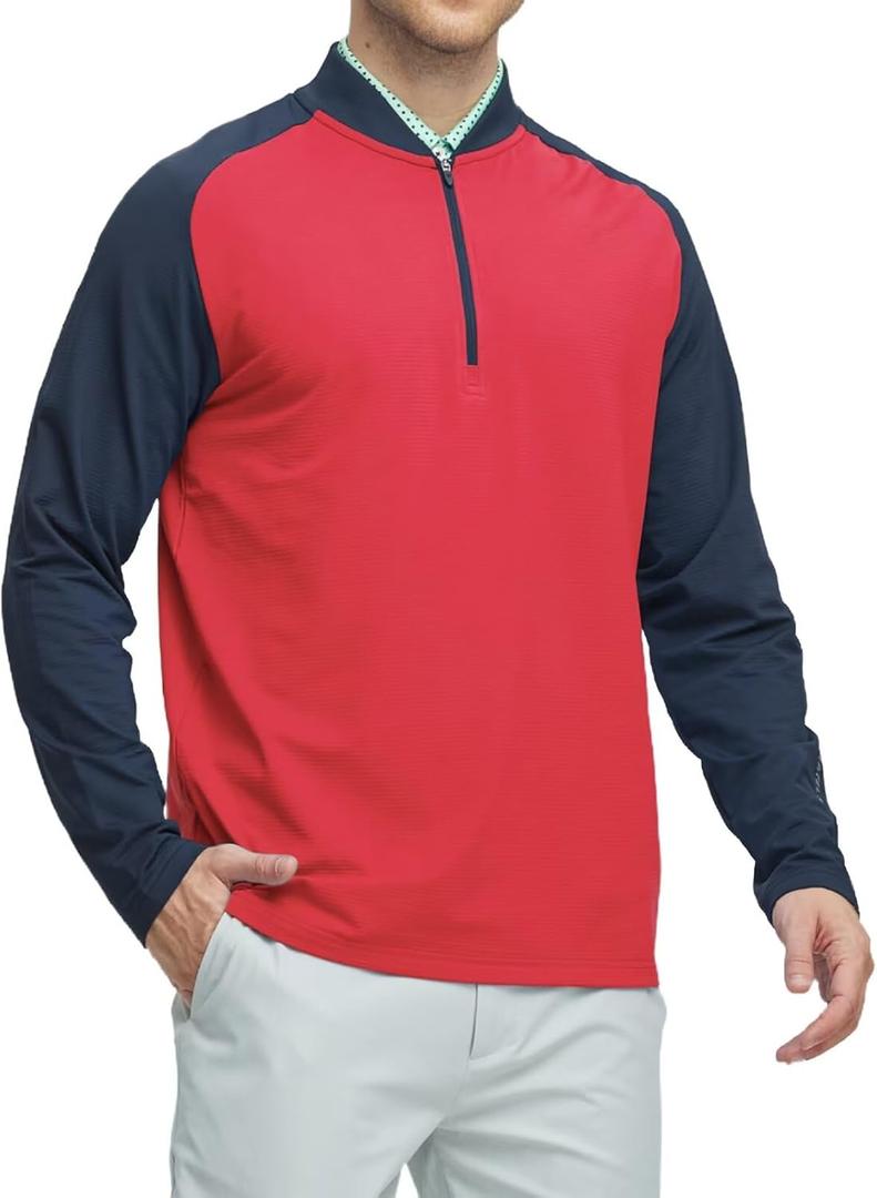 M MAELREG Quarter Zip Pullover Men Moisture Wicking Micro Fleece Performance Raglan Collarless Golf Sweatshirts for Men (Red, L)