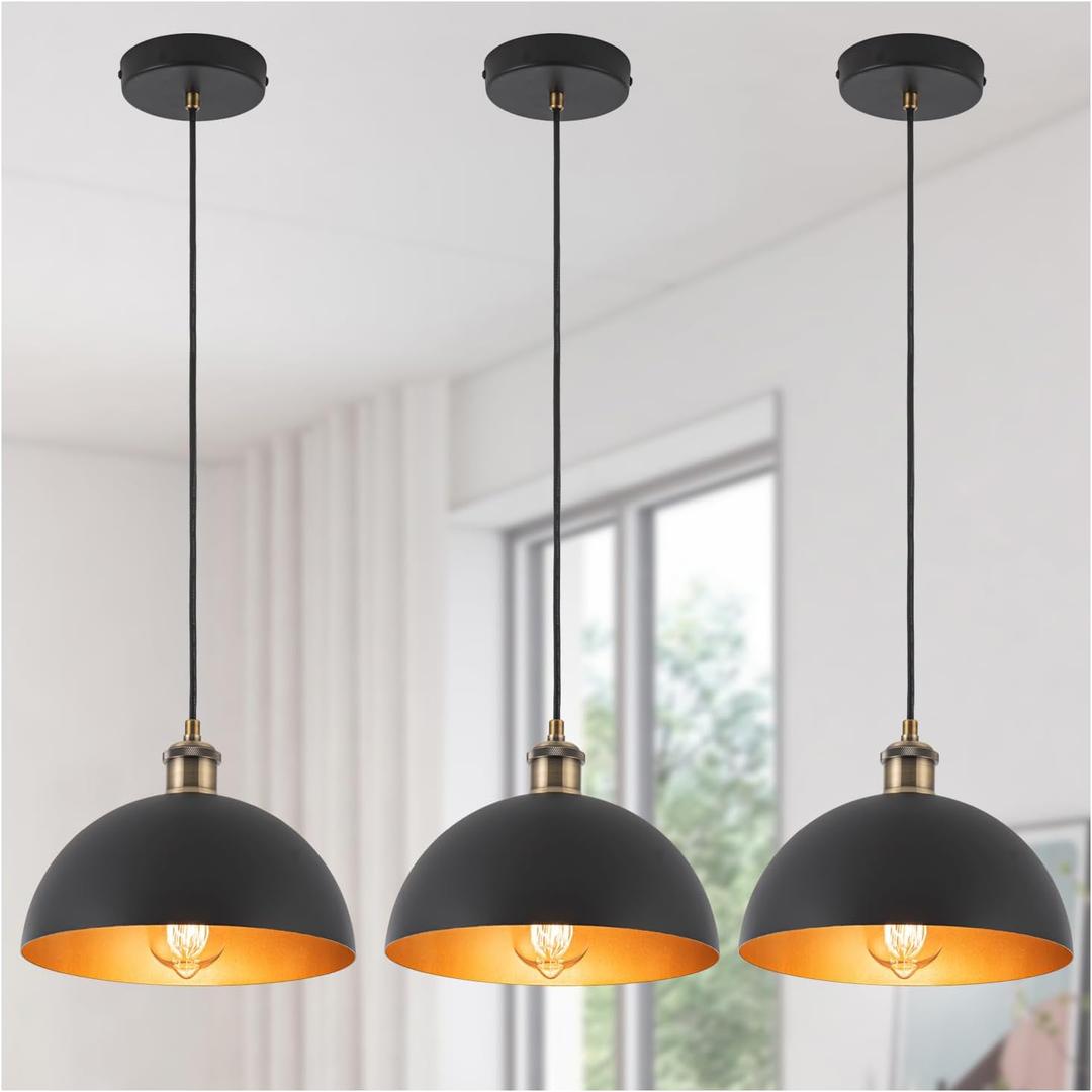9.84" Modern Industrial Black Pendant Lights Farmhouse Dome Black Gold Pendant Lighting Fixture Vintage Golden Pendant Light for Kitchen, Dining Room, Bedroom, Hallway, Living Room, Set of 3