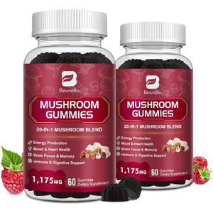 2 PACK Mushroom Gummies, 20 in 1 Lions Mane Mushroom Complex Supplement with Reishi, Chaga, Cordyceps & More for Adult, Support for Brain, Focus & Cognitive Health, Vegan, Raspberry Flavor, 120ct, Best By 02/2027