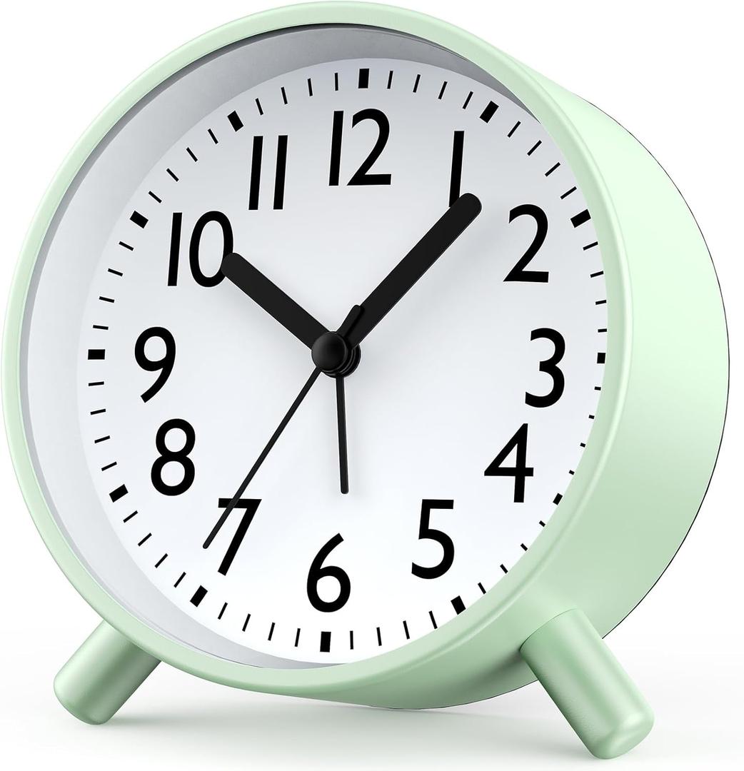 Retro Analog Alarm Clock with Night Light, Battery Operated, Easy to Set - Ascending Alarm, Snooze, Simple Round Metal Design for Bedroom, Desk, Bedside, Travel, Kids, Adults, Heavy Sleepers (Green)