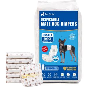 Pet Soft Dog Diapers Male - Disposable Male Dog Wraps Wetness Indicator, Ultra Absorbent Doggie Diapers Comfortable for Incontinence Excitable Urination, 20pcs Small