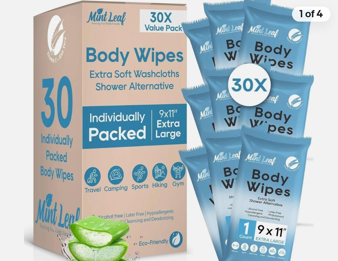 XL Deodorizing Body Wipes | Men's Extra Soft Washcloths Shower Alternative | Great for Workout Travel Gym Camping | 30 Individually Wrapped Shower Wipes | with Vitamin E Aloe Scent Pack of 4