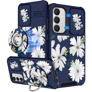 Buleens for Samsung Galaxy S24 FE Case - with Ring Stand & Camera Cover Aesthetic Cute Designed S24FE Case Women Girls Girly White Floral Flowers for Samsung S24 FE Phone Case Compatible with Magsafe