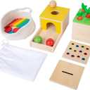 Adena Montessori 4 in 1 Wooden Play Kit Baby Toys,Object Permanence Box,Matchstick Color Drop Game,Carrot Harvest and Coin Box,Ball Drop Toy for Kid 1,2,3 Year Old,Girl Boy Gift for Baby 6-12 Month