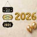 YUNKKIN Happy New Year Sign 2026 Black Gold New Years Wreath Door Sign Wooden Front Door Decorations Hanging Decor for Porch Wall Indoor Home Decor