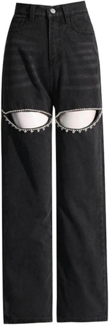 Cut Out Jeans for Women Straight Leg High Waisted Ripped Rhinestone Pearl Beaded Denim Pants (X-Large, Black)