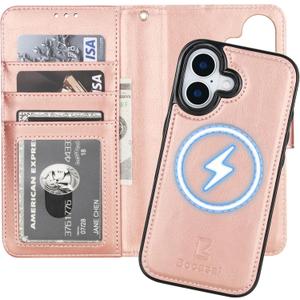 Bocasal for iPhone 17 Wallet Case Compatible with MagSafe Wireless Charging, RFID Blocking Magnetic Leather Case with Card Slots Holder Kickstand Detachable Wrist Strap 6.3 Inch (Rose Gold)