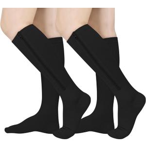 2 Pairs Zipper Compression Socks, 15-20 mmHg Closed Toe Compression Stocking with Zipper for Women and Men (Large-X-Large, Black)