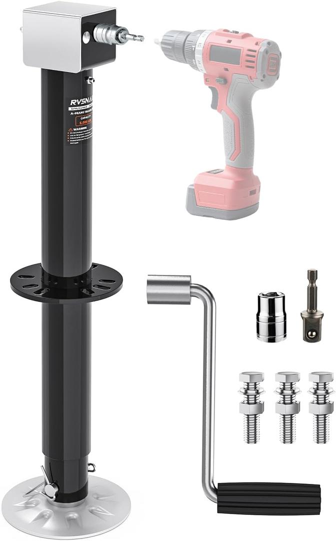 5000 lbs A-Frame Trailer Jack Heavy Duty, 26" Lift, 20-24V Cordless Drill Compatible, for RV, Boat, Yacht & Utility Trailers, with Manual Crank Handle & Weatherproof Cover, Black