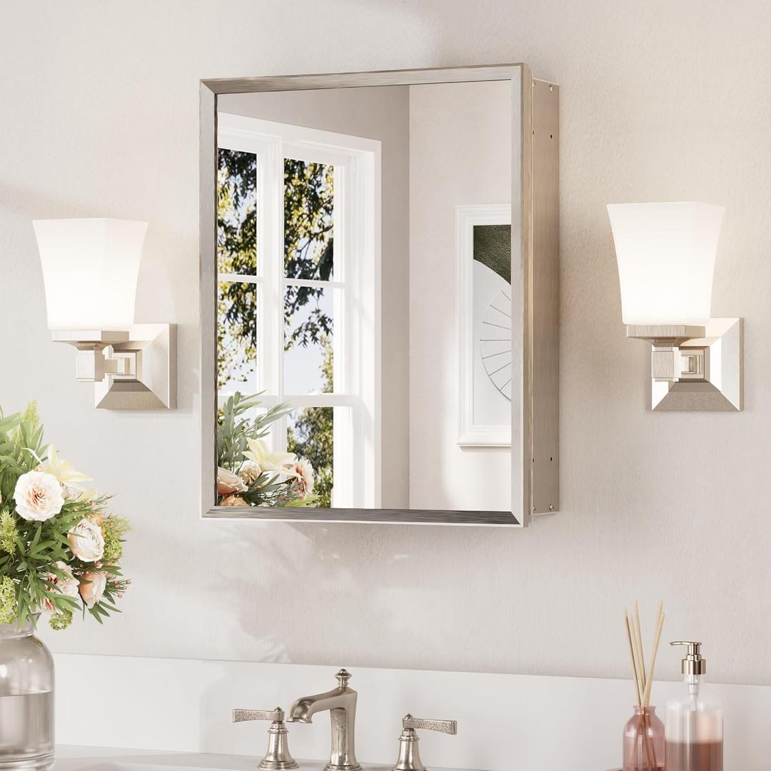 Keonjinn Small Medicine Cabinet Mirror 14" x 18", Assembly Needed, Brushed Nickel Medicine Cabinet with Mirror, Beveled Framed, Stepless Adjustable Shelf, One Shelf Only, Wall-Mounted or Recessed
