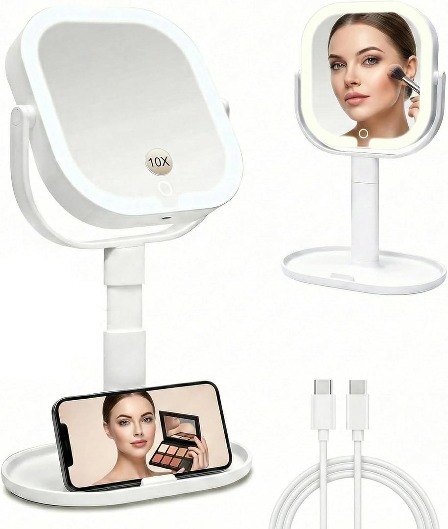 Makeup Mirror with Lights, 1X/10X Magnifying Mirror with Light, Rechargeable Lighted Makeup Mirror with Magnification, 3-Color Lighting, Height Adjustable 360 Rotation Desk Mirror, Gift for Women (White)