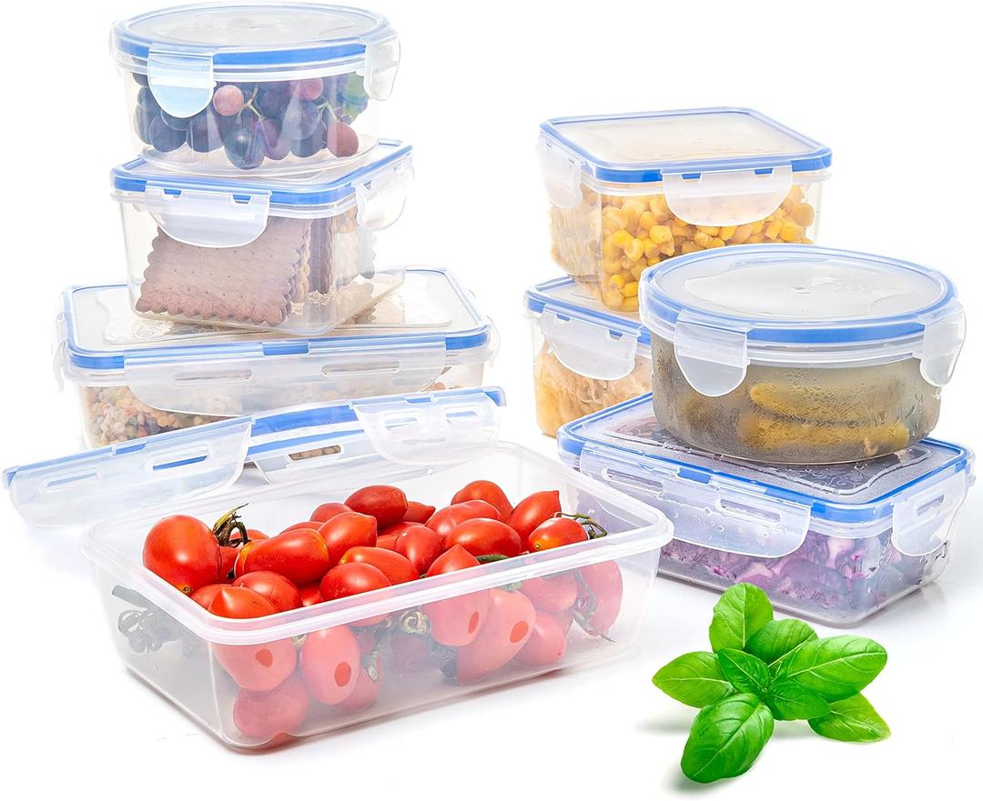 16 Piece Plastic Food Storage Containers with Lids, Safe Lunch Box Set For DIshwasher and Microwave, Leak Proof Storage Containers For Food- BPA Free