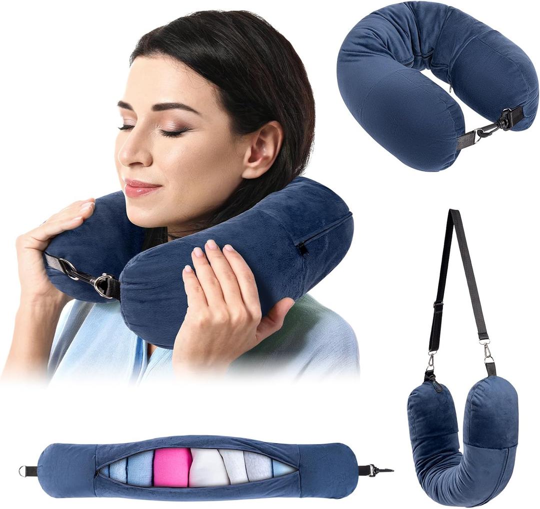 HOMEE Travel Neck Pillow Stuffable with Clothes,Soft Plush Stuffable Travel Pillow,Adjustable U-Shapes Airplane Plane Travel Pillow Storage Bag,Only Travel Pillowcase,No Filler