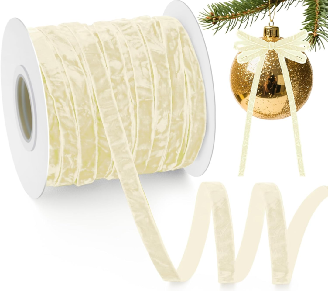 Chuangdi Ivory Velvet Ribbon 3/8" x 40 Yards White Crushed Velvet Ribbon with Wooden Spool Vintage DIY Christmas Ornaments for Wrapping Wreath Bow Xmas Tree Decoration Gift
