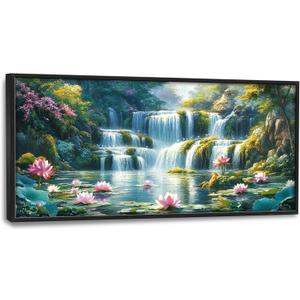 Lotus Flower Natural Large Wall Art for Living Room Mountain Landscape Framed Canvas Decor Waterfall Prints Painting Pictures Extra Large Floral Artwork for Bedroom Bathroom Office Home 30"x60"