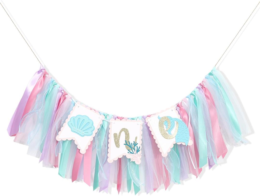 Mermaid One Year High Chair Banner - Under The Sea 1st Birthday Party Decorations, Girls First Mermaid Party Banner,Under The Sea Birthday Highchair Banner, First Birthday Photo Prop Cake Smash