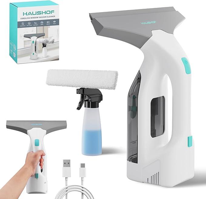 HAUSHOF Electric Window Vacuum Squeegee 11 Inch Vacuum Squeegee Cordless Cleaner Tool Set, Window Vacuum Cleaner with 300ml Spray Bottle & 100ml Water Tank for Mirror, Countertop, Shower
