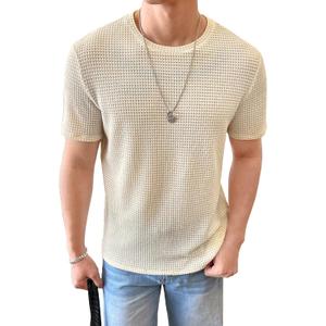 WDIRARA Men's Round Neck Short Sleeve Waffle Knit Tee Summer Casual T Shirt Tops (Beige, Medium)