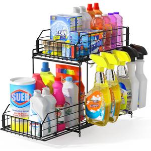 SUEH DESIGN Under Sink Organizer, 2 Tier Bathroom Cabinet Organizer Metal Kitchen Sink Organzier with Hanging Rail for Kitchen Bathroom Organization and Storage, 1 Pack
