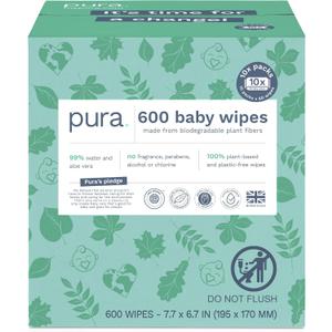 Pura Natural Sensitive Baby Wipes, 99% Water, Unscented & Hypoallergenic, Suitable for Sensitive & Eczema-prone Skin, Hypoallergenic, EWG Verified, 10 Pack of 60 Wet Wipes (600 Diaper Wipes) Bulk Buy