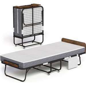 Folding Bed with 5" Mattress Wooden Headboard Side Pocket Cot Size Portable Beds for Adults Folded Guest Bed, Home Office,Fold Up Roll Away Beds for Easy Storage (Rustic Brown, Cot 75x31)