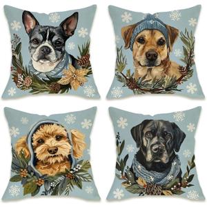 Fahrendom Winter Dogs Decorative Throw Pillow Covers 18 x 18 Set of 4, Boston Terrier Labrador Goldendoodle Porch Outdoor Pillowcase Pet Owner Lover Gifts, Christmas Sofa Couch Cushion Case Home Decor
