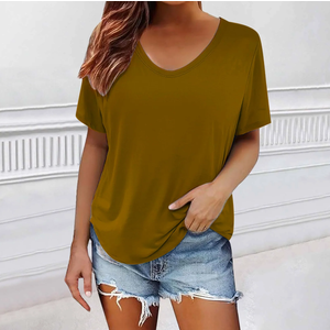 Heevina Short Sleeve Shirts for Women Scoop Neck Solid Color Loose Fit Basic Tshirts Fashion Fall Summer Tops Casual XXL Brown