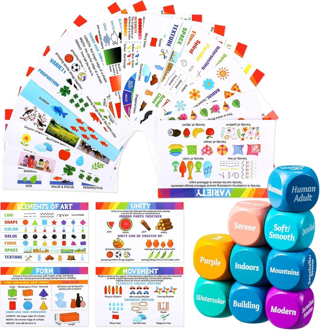25 Pcs Art Dice Game 9 Art Inspiration Dice 16 Painting Principles Education Cards Creative Drawing and Painting Set Teacher Gifts for Christmas Room Artists Classroom Student Adult
