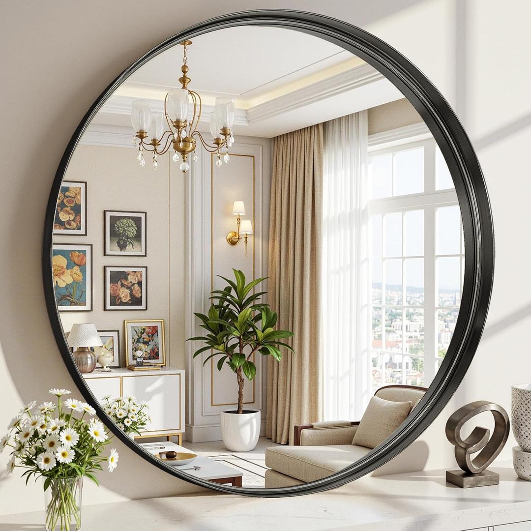 Round Bathroom Mirror, 24 Inch Black Circle Mirror with Metal Deep Frame, Round Mirrors for Wall Decor, Vanity, Entryway, Living Room