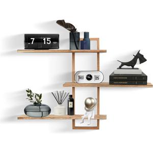 3 Tier Wall Shelves,Decorative Floating Shelf for Wall,Plants Photo Shelf Storage Display Shelving Wood for Living Room Bedroom Kitchen Home Office Decor,Modern,Large,22 Inch(Carbonized Black)