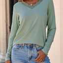 Dokotoo T Shirts for Women Casual Long Sleeve V Neck Lace Trim Tops Lightweight Solid Color Basic Tees Blouses (L)