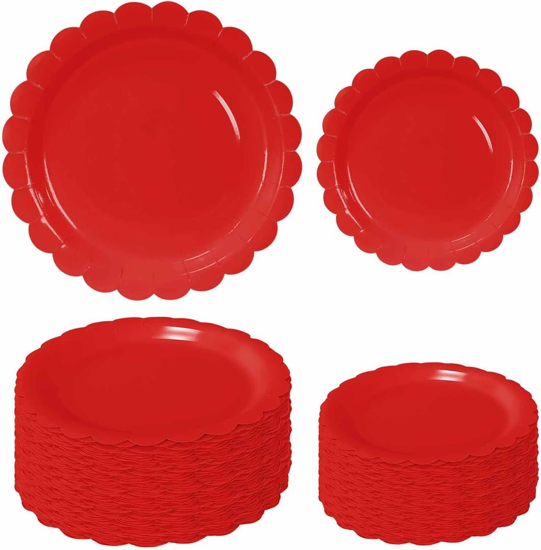 FALIZIFU 50 Pcs Red Scalloped Paper Plates 25  7'' and 25  9'' Disposable Red Scalloped Dinner Plates for Wedding Baby Shower Birthday Party Disposable Dessert Plate