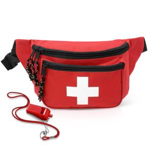 EMS XTRM Lifeguard Fanny Pack Red with Whistle Lanyard - Baywatch Style First Aid Hip Pack, Adjustable Strap, Cross Logo + Zipper Pouch, 10 Pack