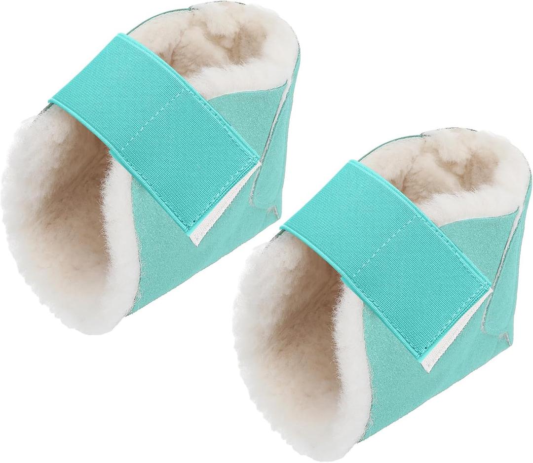 Jeere 2 Pcs Heel Protectors for Pressure Sores Sheepskin Heel Pads Soft Foot Cushions Pad Protectors Adjustable Foot Pillows with Securing Strap for Bed Sore Ankle Ulcers(Teal)