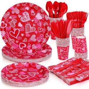 Homlouue 168PCS Valentine's Plates and Napkins, Heart Paper Plates Napkins for Birthday Anniversary Wedding Party Valentine's Day Engagement Party, Includes Plate Napkin Cups Knife Fork Spoon