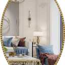 Gold Oval Bathroom Mirror, 26x38 Inch Floral Oval Mirrors for Wall, Antique Gold Metal Floral Frame Mirrors for Bedroom Living Room Hallway, Hangs Horizontally or Vertically
