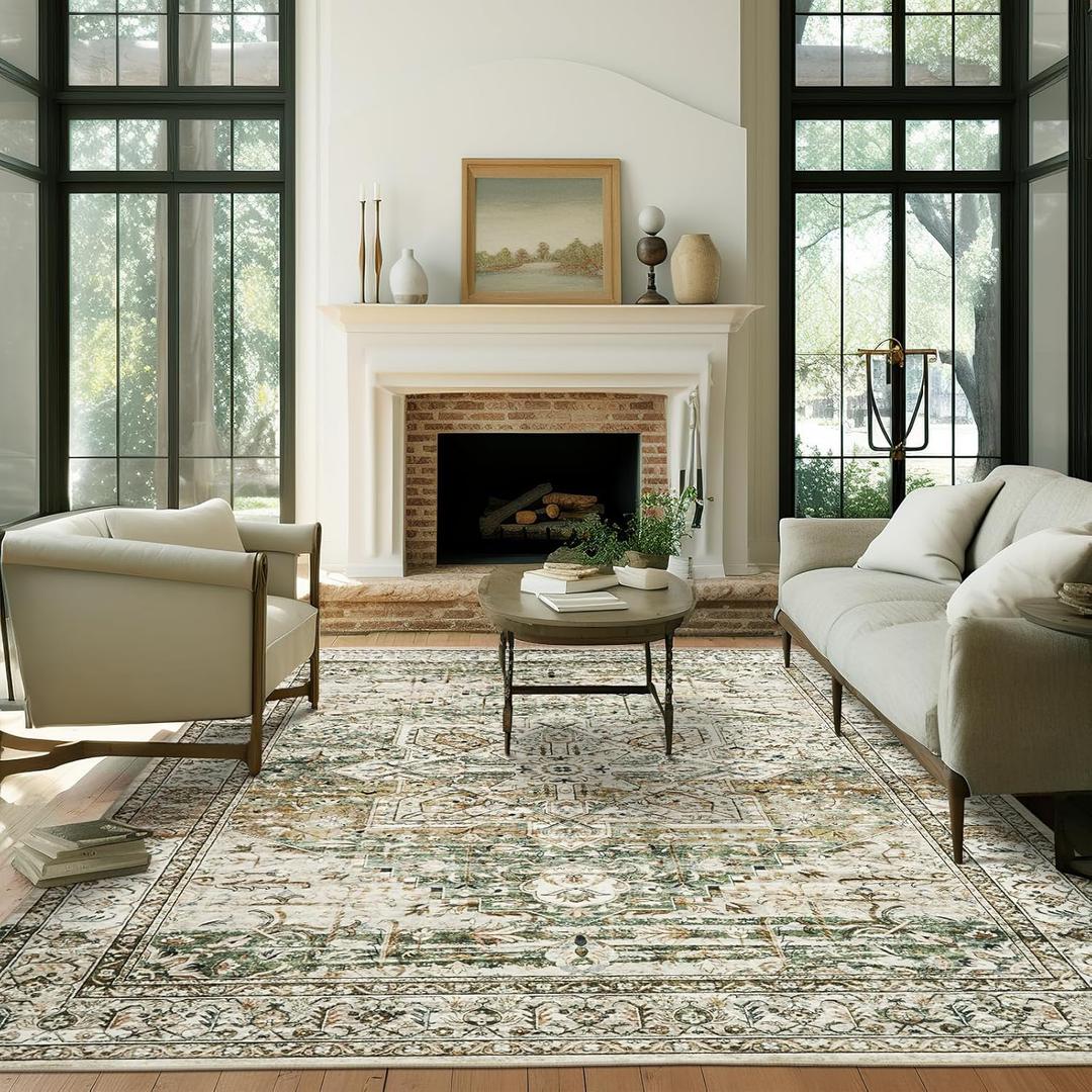 Soalmost 9x12 Area Rugs for Living Room, Non Slip Machine Washable Vintage Rugs, Low Pile Lightweight Large Rug for Bedroom, Dining Room, Home Office Olive