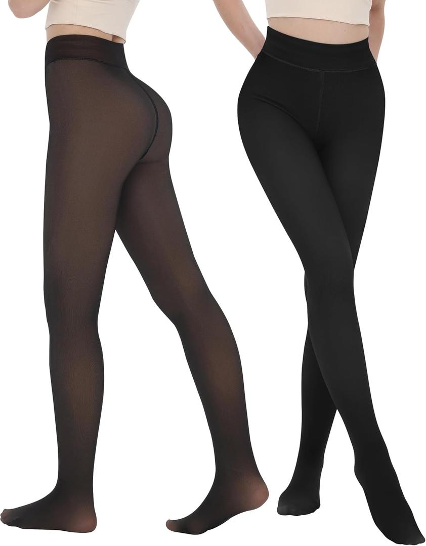 iceROSE 2 Pairs Fleece Lined Thermal Tights for Women  Sheer Black Pantyhose Warm Winter Thick Fake Translucent Leggings (Small-Medium)