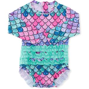 ADUKIDE Baby Girls Rash Guard Swimsuit Long Sleeve Ruffles Swimwear with Zipper UPF 50+ One Piece Beachwear Size 3-24 Months (6-12 Months, A Mermaid Co)