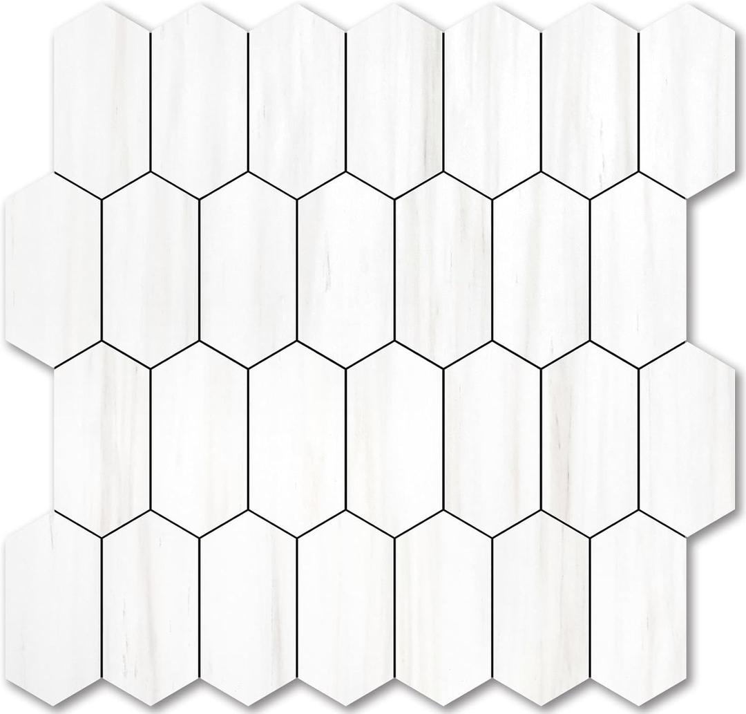 Vamos Tile Long Hexagon Peel and Stick Backsplash Tile - 10 Sheets Stick on Backsplash for Kitchen and Bathroom 12.4 x 12 Inch Dolomite Marble Look PVC Self Adhesive Mosaic Wall Tiles