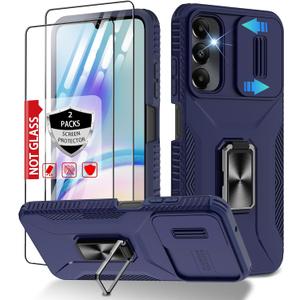 for Samsung Galaxy A05s Case with Slide Camera Cover & Screen Protector (2 Packs), [Military Grade] Shockproof Rotation Ring Holder Kickstand Protective Case for Galaxy A05s, Blue