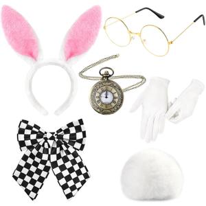 6 Pcs White Rabbit Costume Include Bunny Ears Headband,Tail,Bow Tie,Glasses,Gloves and Pocket Watch for Men Women Halloween Party Dress Up