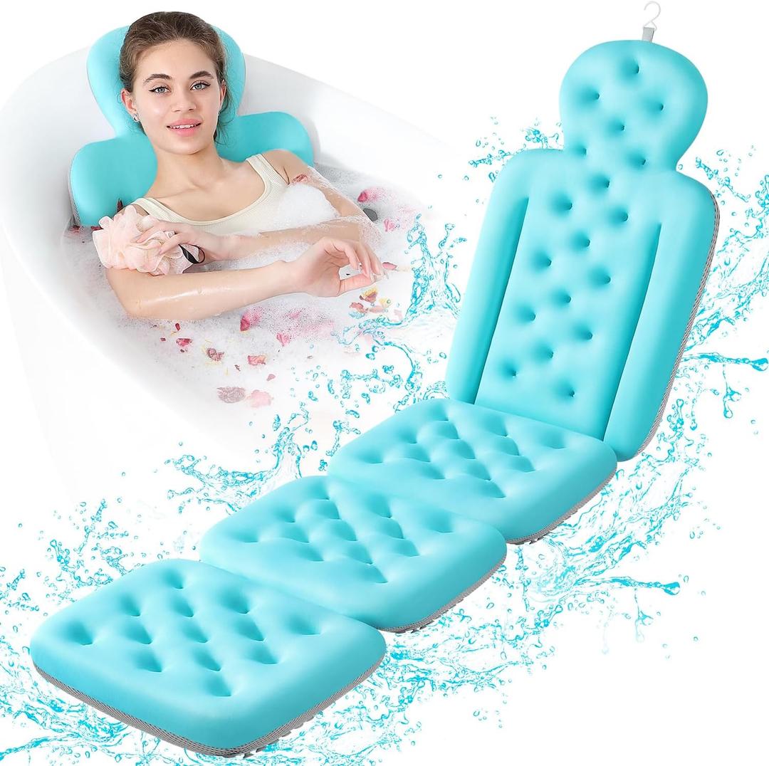 Bathtub Pillow Full Body, Luxury Bath Cushion for Tub with 230 Suction Cups, Bath Mat for Head and Neck Support with Laundry Bag Blue (63.2" x 16.2")