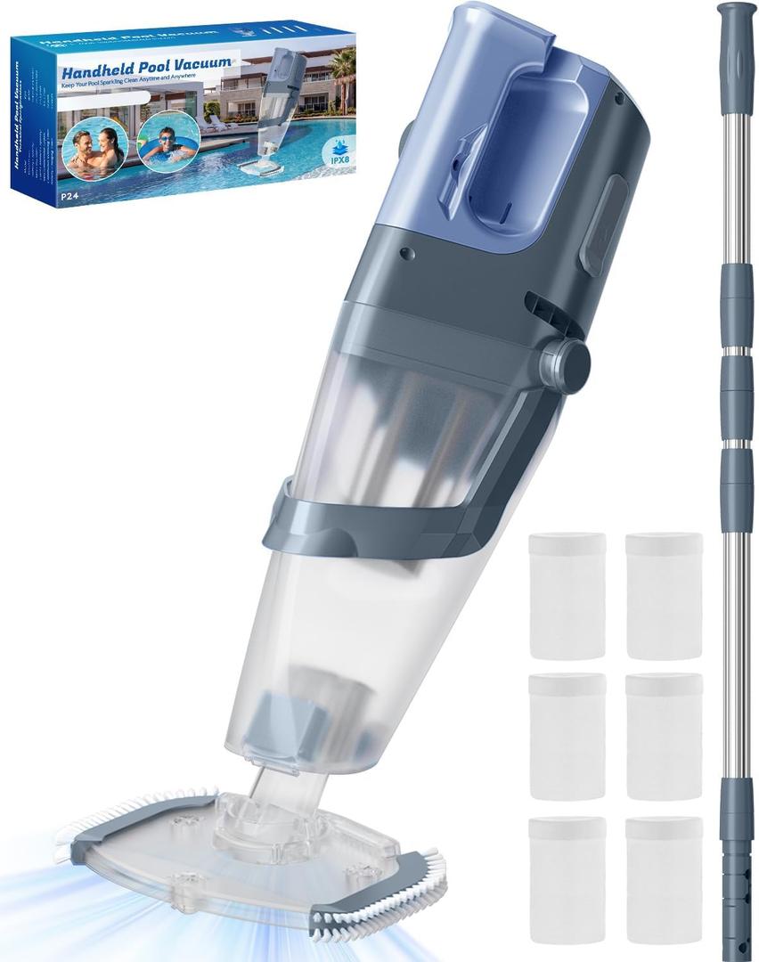 Cordless Handheld Pool Vacuum Cleaner with Telescopic Pole, 26.5 GPM Powerful Suction, Longer 1H Runtime, Portable Pool Vacuums for Above Ground/Inground Pools, Hot Tubs, Spas, Titanium Blue