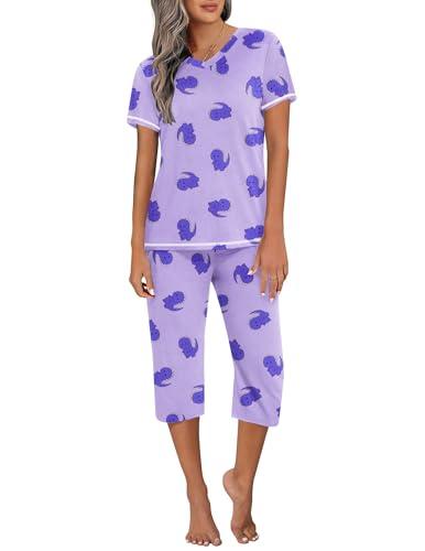 Ekouaer Capri Pajama Sets for Women Short Sleeve Tops Sleepwear Sleep Sets Pjs Sets Soft Two Piece Loungewear Sets, XL