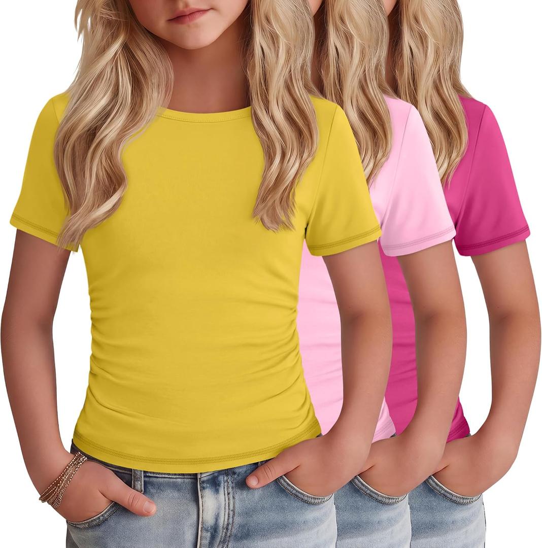 3 Pack Girls Boat Neck Tops | Short Sleeve, Slim Fit, Side Ruched, Casual, Summer, Cute, Basic, Kids, School, Play, for Girls