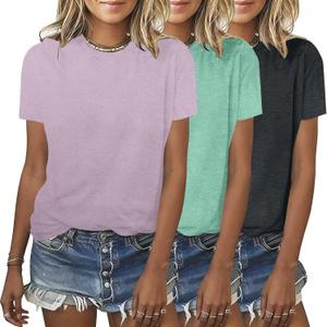 BLACKMYTH Womens 3 Pack Basic T Shirts Summer Tops 2026 Fashion Short Sleeve Comfy Casual Vacation Tees (Large, Greypurple Lightgreen Darkgrey)