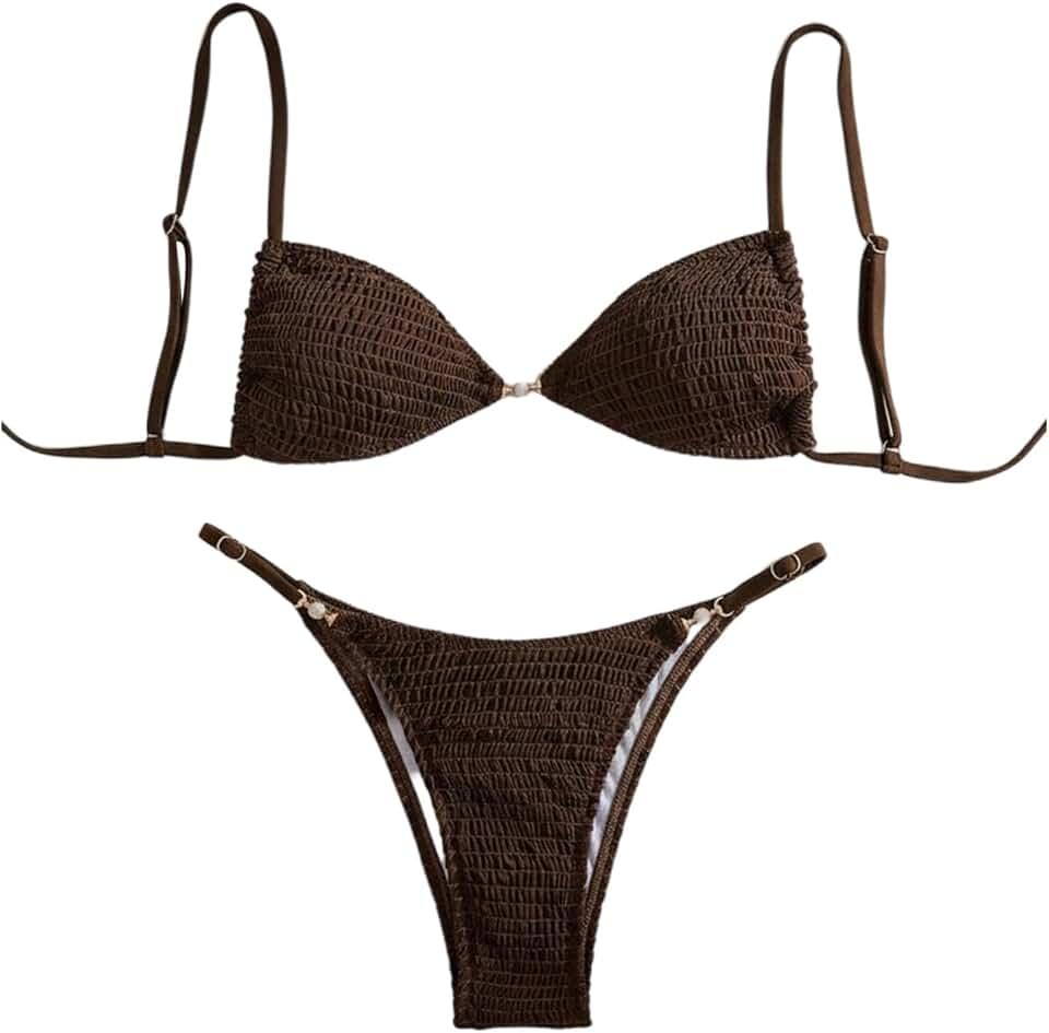 SweatyRocks Women's 2 Piece Smocked Cami Bikini Sets Pearl Spaghetti Strap Triangle Bathing Suit, S